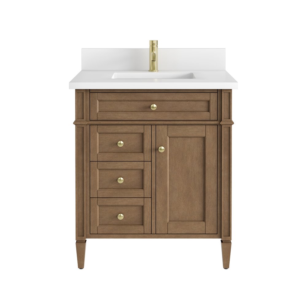 James Martin - Brittany 30" Single Vanity, Pecan w/ Single Hole 3 CM White Zeus Silestone Top and Matching Backsplash - 655-V30-PCN-1WZ view 1