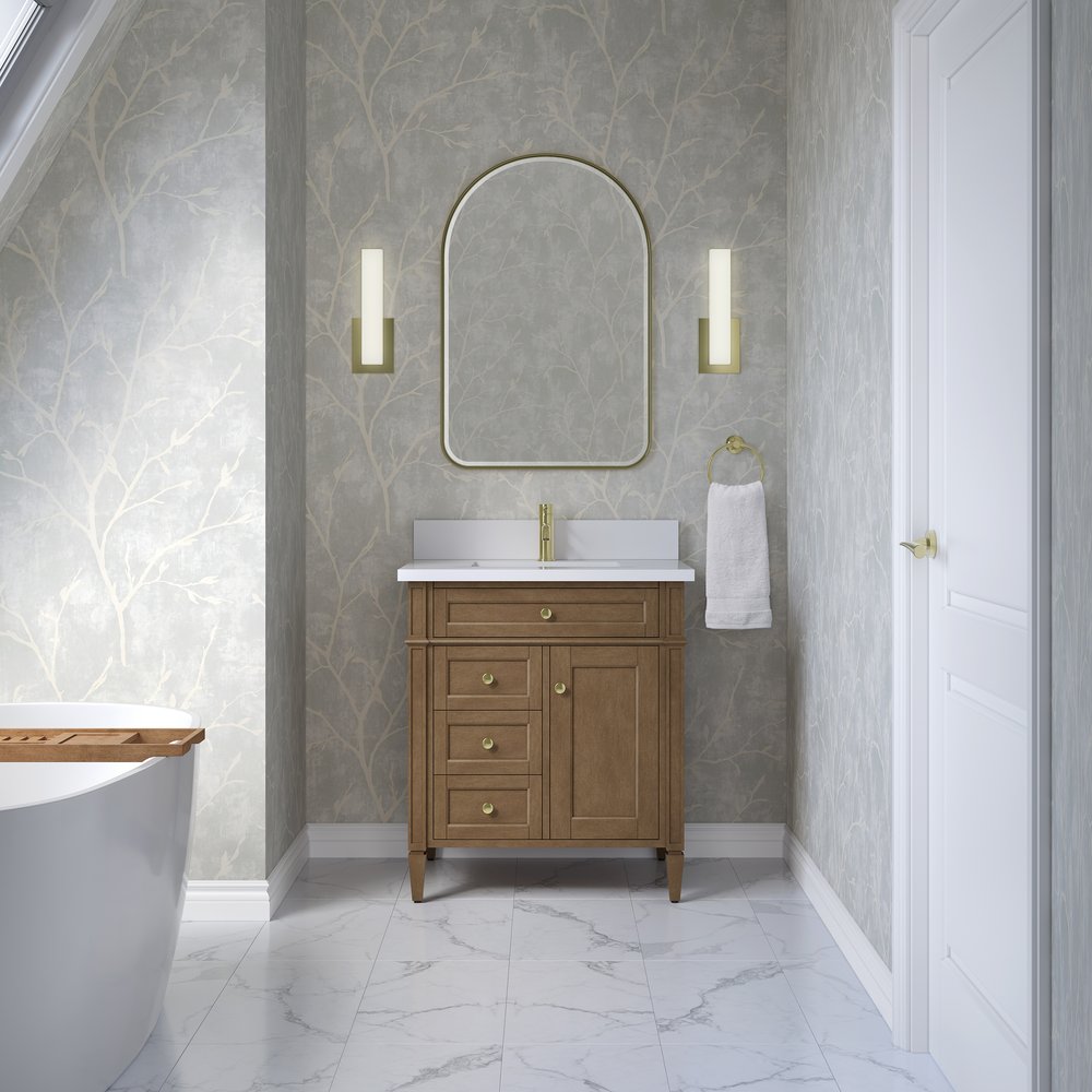 James Martin - Brittany 30" Single Vanity, Pecan w/ Single Hole 3 CM White Zeus Silestone Top and Matching Backsplash - 655-V30-PCN-1WZ view 3