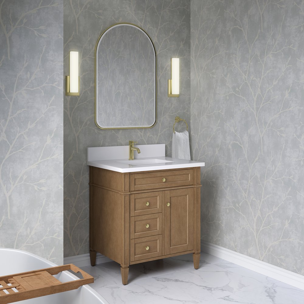 James Martin - Brittany 30" Single Vanity, Pecan w/ Single Hole 3 CM White Zeus Silestone Top and Matching Backsplash - 655-V30-PCN-1WZ view 4