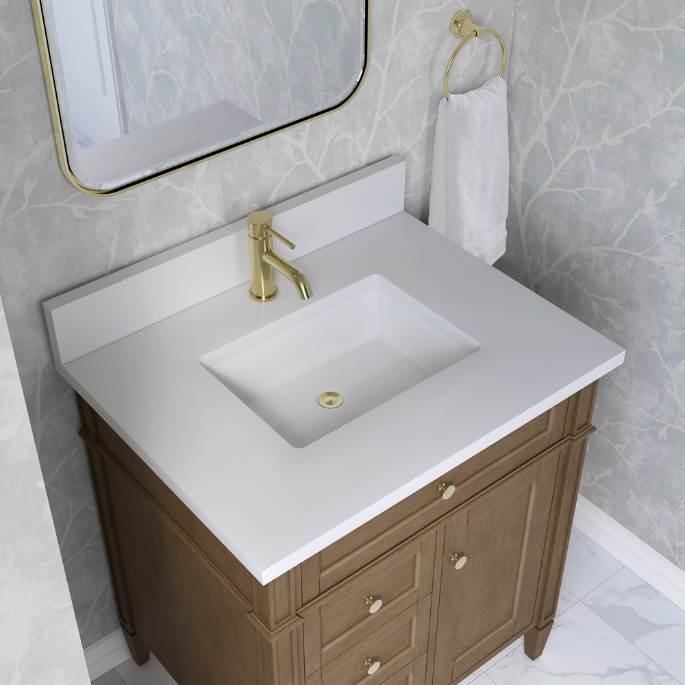 James Martin - Brittany 30" Single Vanity, Pecan w/ Single Hole 3 CM White Zeus Silestone Top and Matching Backsplash - 655-V30-PCN-1WZ view 7