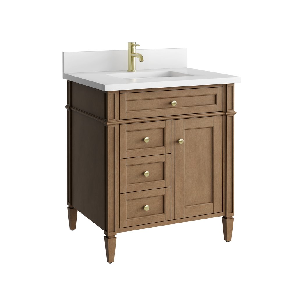 James Martin - Brittany 30" Single Vanity, Pecan w/ Single Hole 3 CM White Zeus Silestone Top and Matching Backsplash - 655-V30-PCN-1WZ view 11
