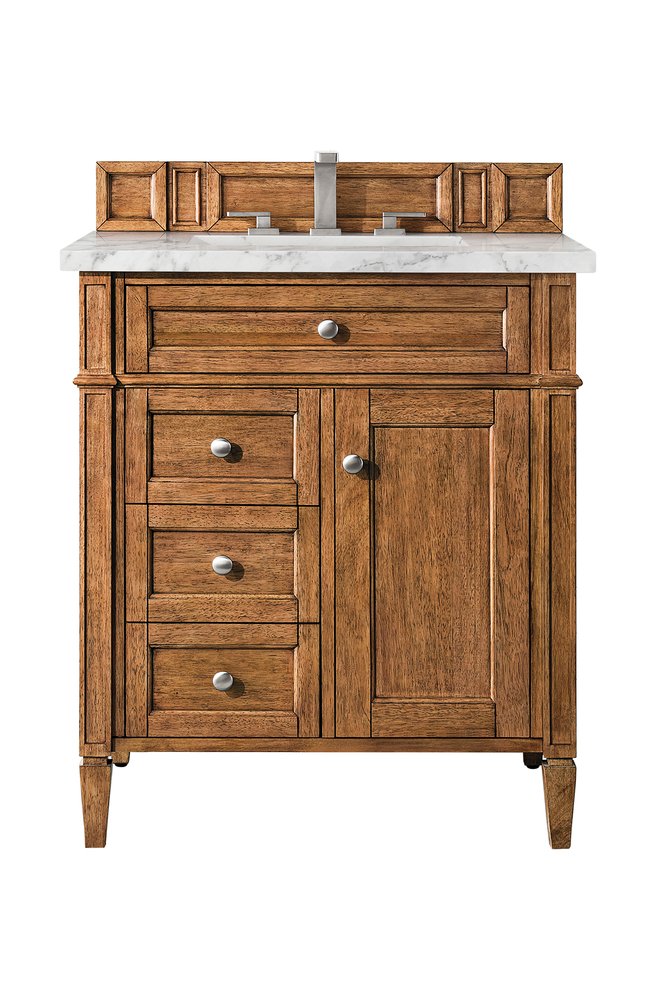 James Martin - Brittany 30" Single Vanity, Saddle Brown w/ 3 CM Carrara Marble Top - 650-V30-SBR-3CAR view 1