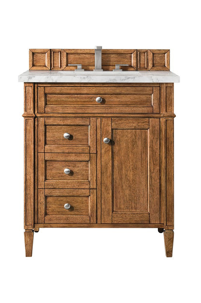 James Martin - Brittany 30" Single Vanity, Saddle Brown w/ 3 CM Carrara Marble Top - 650-V30-SBR-3CAR view 1