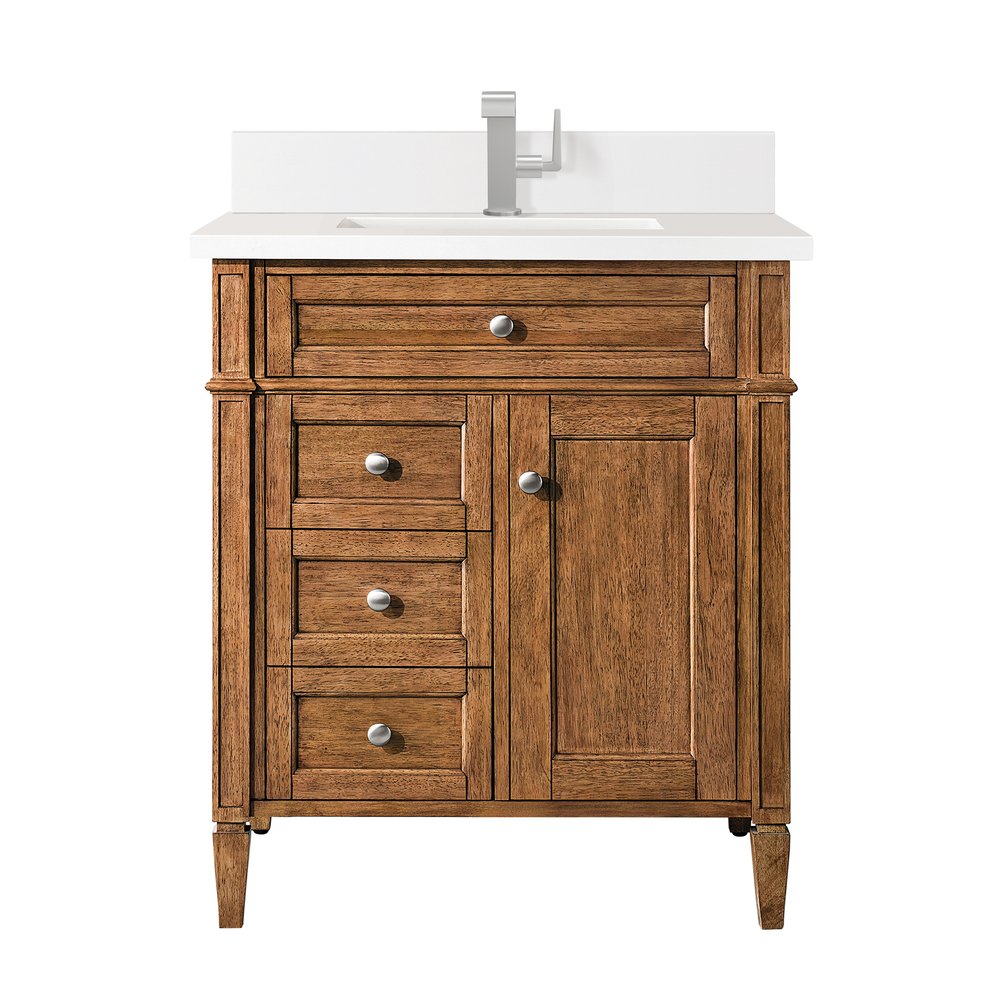 James Martin - Brittany 30" Single Vanity, Saddle Brown, w/ Single Hole 3 CM White Zeus Silestone Top & Backsplash - 650-V30-SBR-1WZ view 1