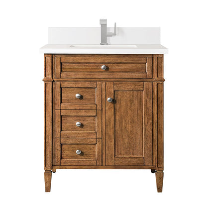 James Martin - Brittany 30" Single Vanity, Saddle Brown, w/ Single Hole 3 CM White Zeus Silestone Top & Backsplash - 650-V30-SBR-1WZ view 1