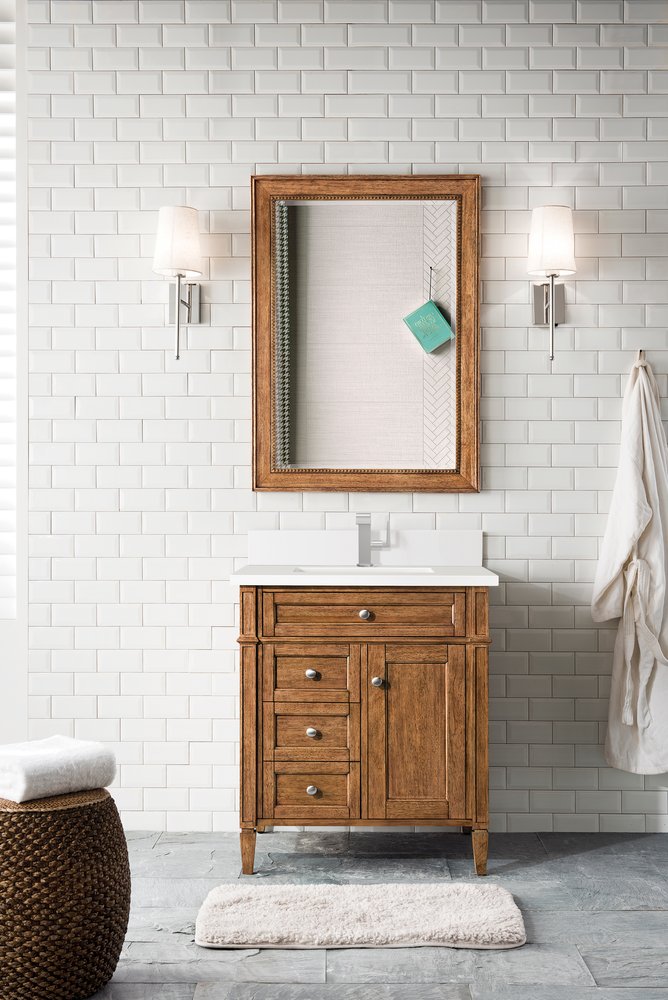 James Martin - Brittany 30" Single Vanity, Saddle Brown, w/ Single Hole 3 CM White Zeus Silestone Top & Backsplash - 650-V30-SBR-1WZ view 2