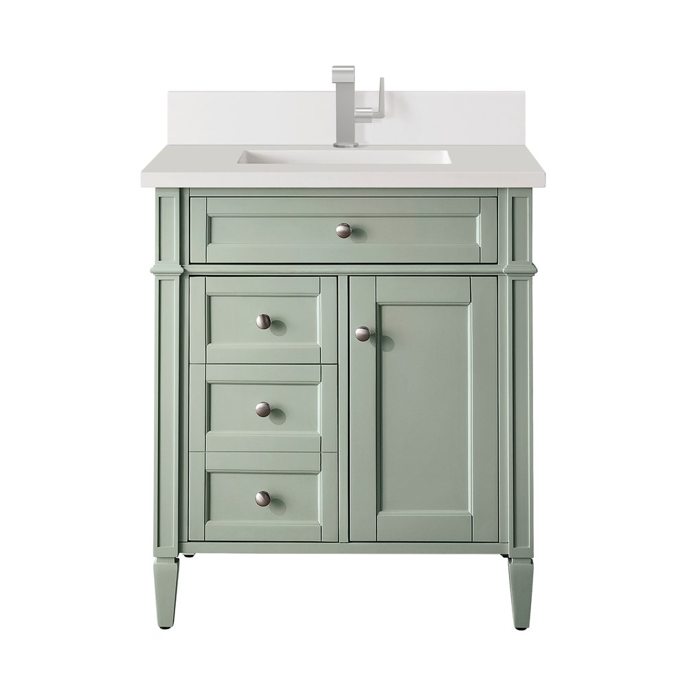 James Martin - Brittany 30" Single Vanity, Sage Green, w/ Single Hole 3 CM White Zeus Silestone Top & Backsplash - 650-V30-SGR-1WZ view 1