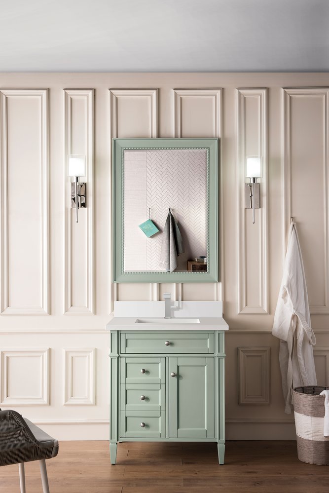 James Martin - Brittany 30" Single Vanity, Sage Green, w/ Single Hole 3 CM White Zeus Silestone Top & Backsplash - 650-V30-SGR-1WZ view 2