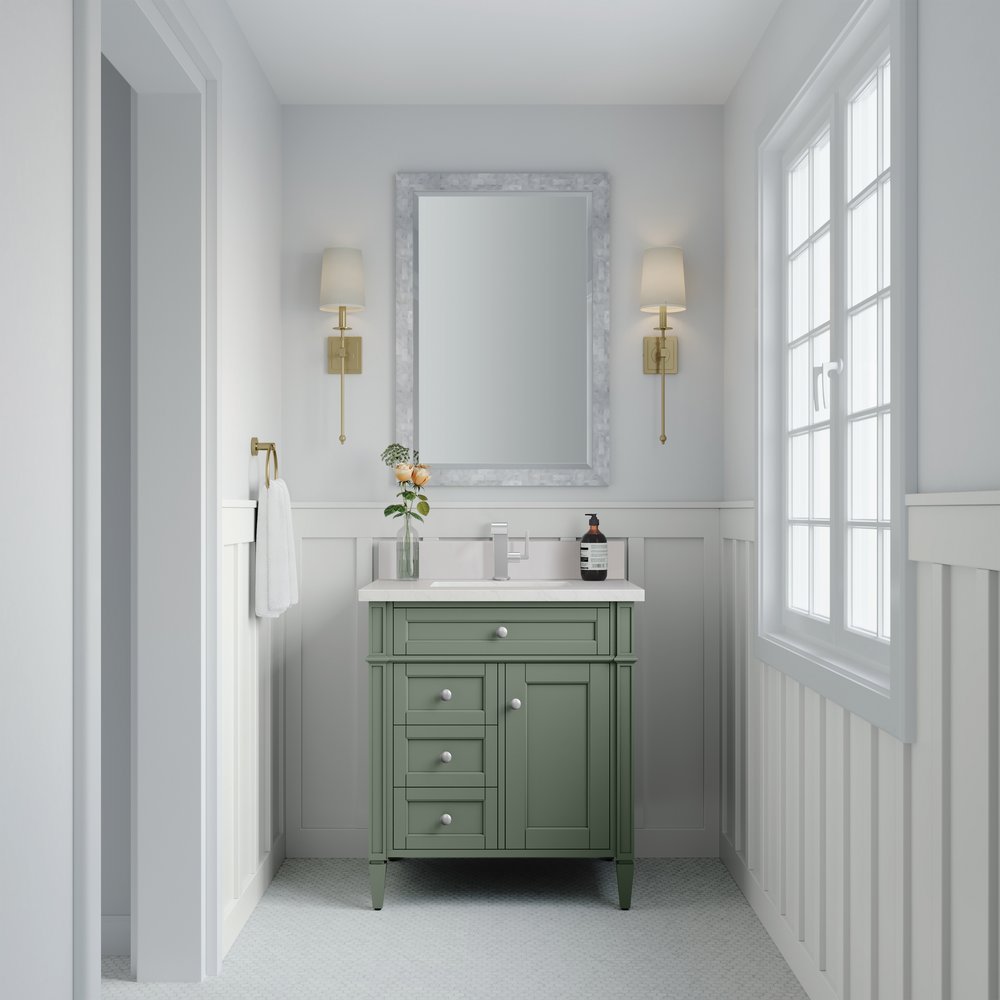 James Martin - Brittany 30" Single Vanity, Smokey Celadon w/ Single Hole 3 CM White Zeus Top & Backsplash - 650-V30-SC-1WZ view 2