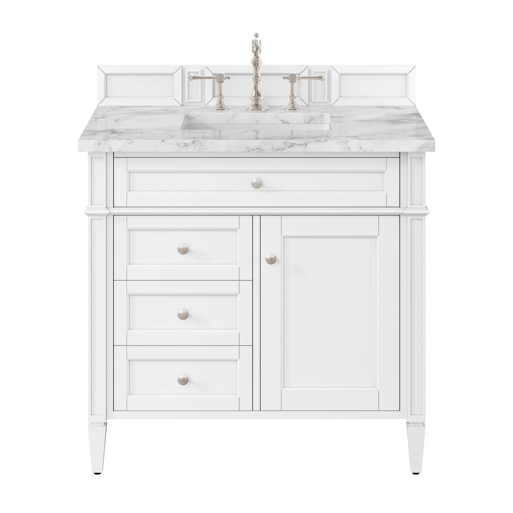 James Martin - Brittany 36" Single Vanity, Bright White w/ 3 CM Carrara Marble Top - 655-V36-BW-3CAR view 1