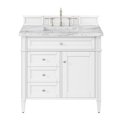 James Martin - Brittany 36" Single Vanity, Bright White w/ 3 CM Carrara Marble Top - 655-V36-BW-3CAR view 1
