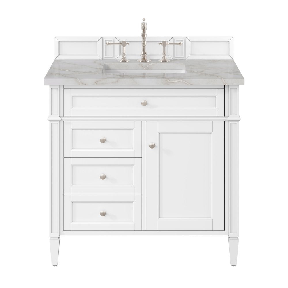 James Martin - Brittany 36" Single Vanity, Bright White w/ 3 CM Victorian Silver Silestone Top - 655-V36-BW-3VSL view 1