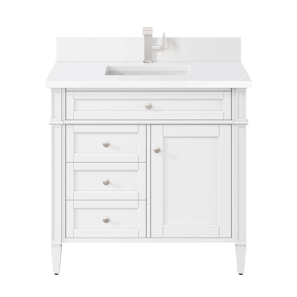 James Martin - Brittany 36" Single Vanity, Bright White w/ Single Hole 3 CM White Zeus Silestone Top & Backsplash - 655-V36-BW-1WZ view 1