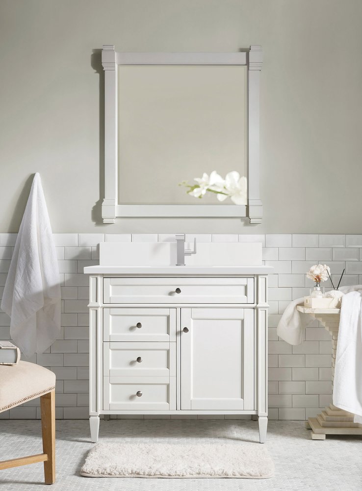 James Martin - Brittany 36" Single Vanity, Bright White w/ Single Hole 3 CM White Zeus Silestone Top & Backsplash - 655-V36-BW-1WZ view 3