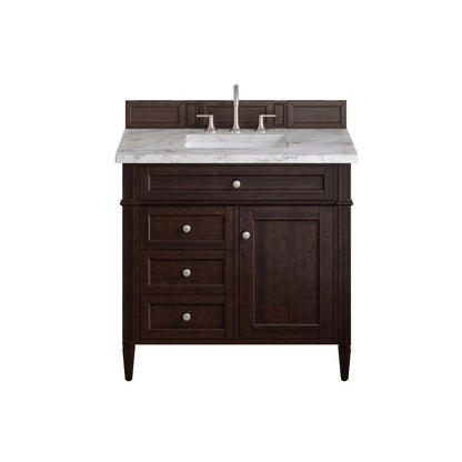 James Martin - Brittany 36" Single Vanity, Burnished Mahogany w/ 3 CM Carrara Marble Top - 650-V36-BNM-3CAR view 1