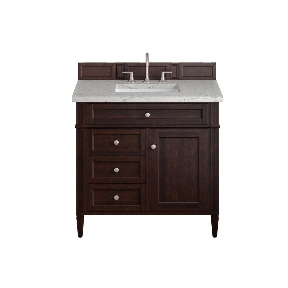 James Martin - Brittany 36" Single Vanity, Burnished Mahogany w/ 3 CM Eternal Jasmine Pearl Silestone Top - 650-V36-BNM-3EJP view 1