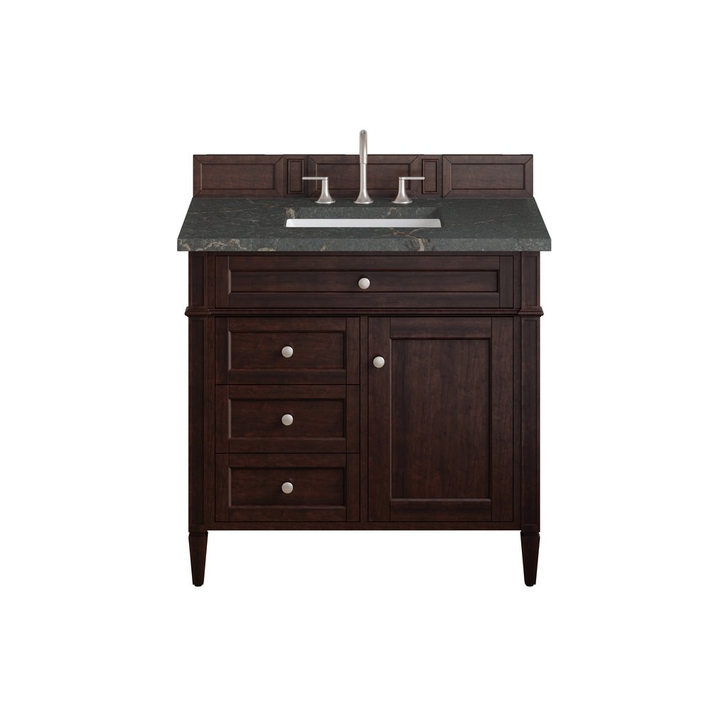 James Martin - Brittany 36" Single Vanity, Burnished Mahogany w/ 3 CM Parisien Bleu Silestone Top - 650-V36-BNM-3PBL view 1