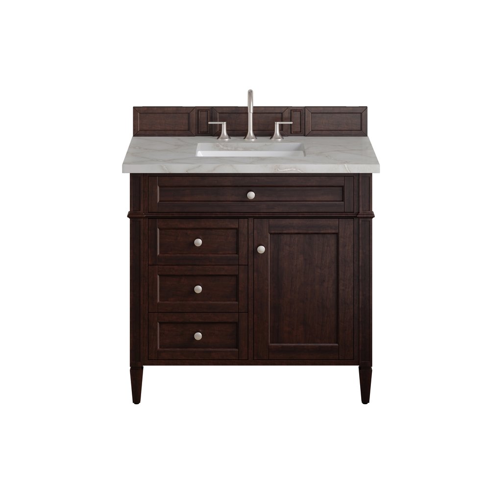 James Martin - Brittany 36" Single Vanity, Burnished Mahogany w/ 3 CM Victorian Silver Silestone Top - 650-V36-BNM-3VSL view 1