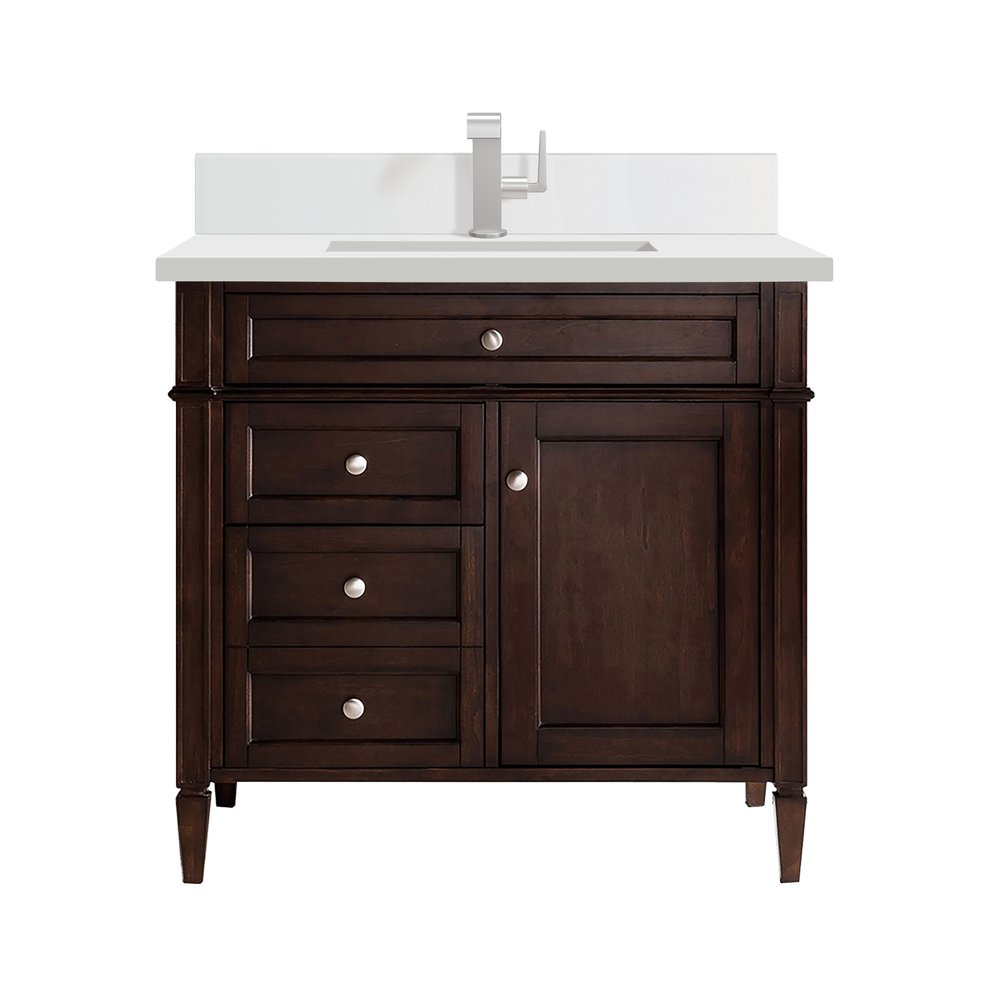 James Martin - Brittany 36" Single Vanity, Burnished Mahogany w/ Single Hole 3 CM White Zeus Silestone Top & Backsplash - 650-V36-BNM-1WZ view 1