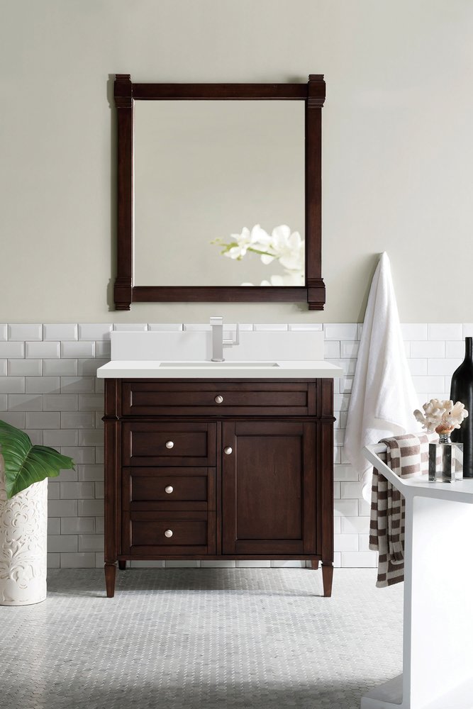 James Martin - Brittany 36" Single Vanity, Burnished Mahogany w/ Single Hole 3 CM White Zeus Silestone Top & Backsplash - 650-V36-BNM-1WZ view 2