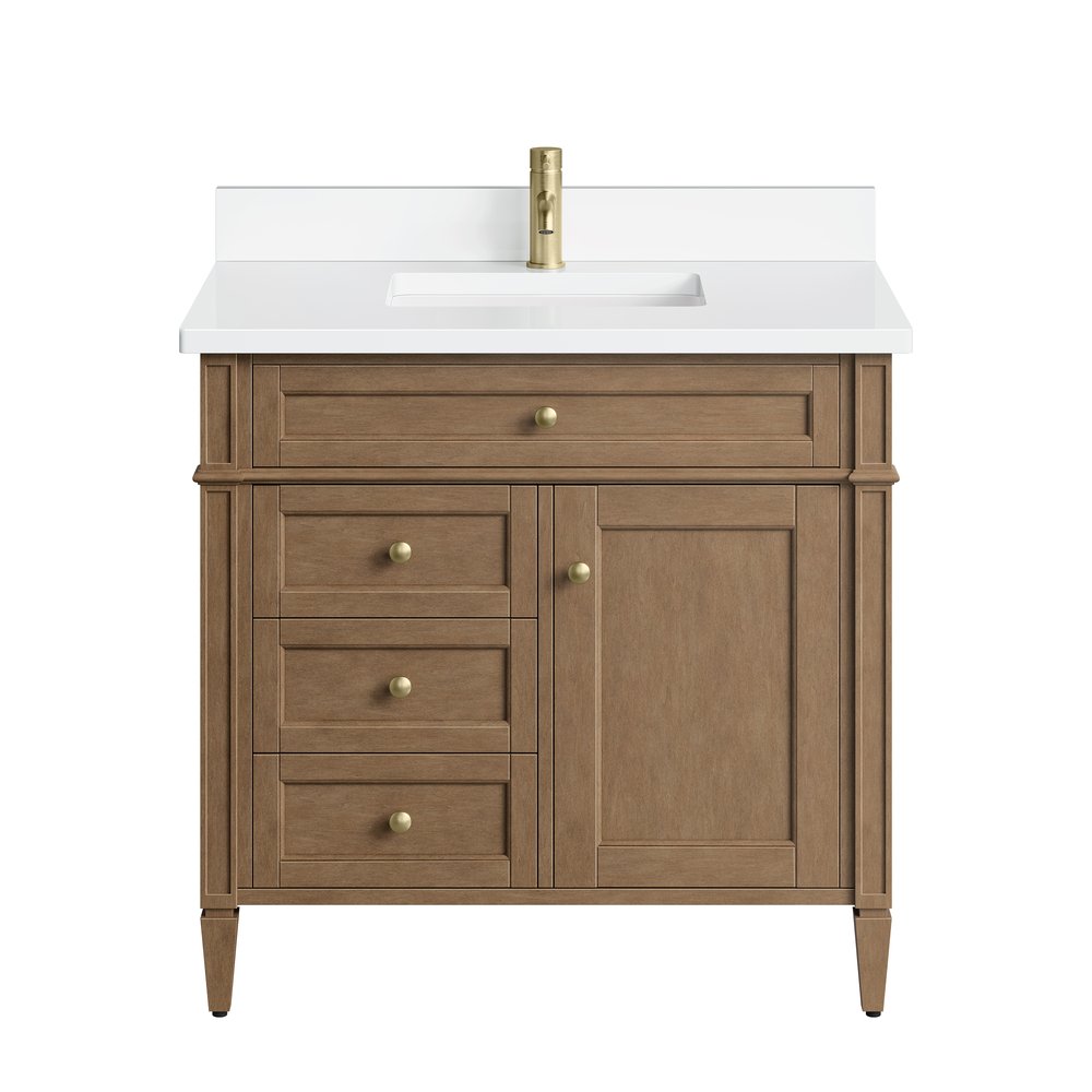 James Martin - Brittany 36" Single Vanity, Pecan w/ Single Hole 3 CM White Zeus Silestone Top and Matching Backsplash - 655-V36-PCN-1WZ view 1