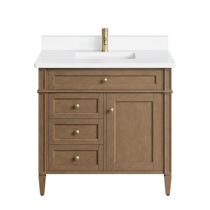 James Martin - Brittany 36" Single Vanity, Pecan w/ Single Hole 3 CM White Zeus Silestone Top and Matching Backsplash - 655-V36-PCN-1WZ view 1