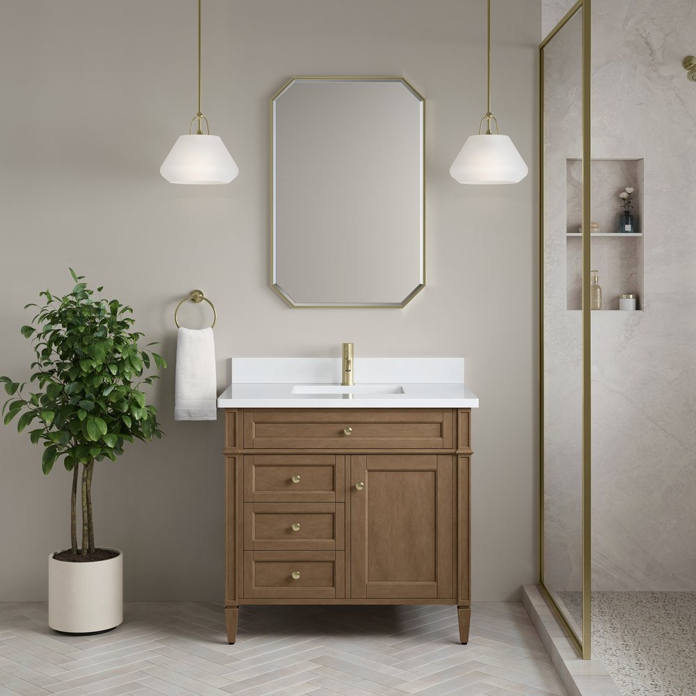James Martin - Brittany 36" Single Vanity, Pecan w/ Single Hole 3 CM White Zeus Silestone Top and Matching Backsplash - 655-V36-PCN-1WZ view 2