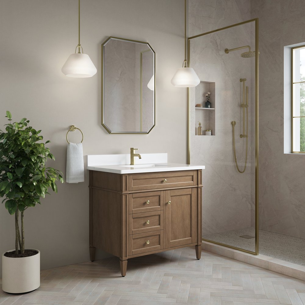James Martin - Brittany 36" Single Vanity, Pecan w/ Single Hole 3 CM White Zeus Silestone Top and Matching Backsplash - 655-V36-PCN-1WZ view 3