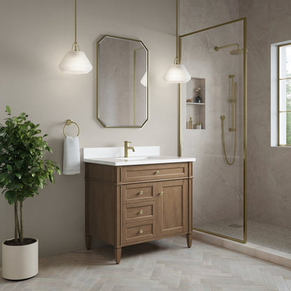 James Martin - Brittany 36" Single Vanity, Pecan w/ Single Hole 3 CM White Zeus Silestone Top and Matching Backsplash - 655-V36-PCN-1WZ view 3