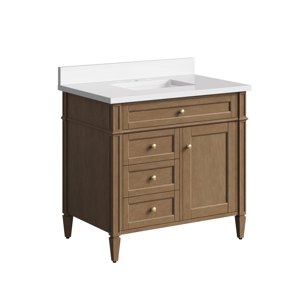 James Martin - Brittany 36" Single Vanity, Pecan w/ Single Hole 3 CM White Zeus Silestone Top and Matching Backsplash - 655-V36-PCN-1WZ view 8