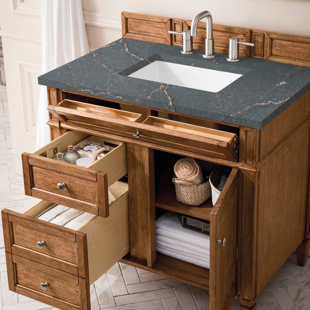 James Martin - Brittany 36" Single Vanity, Saddle Brown w/ 3 CM Parisien Bleu Silestone Top - 650-V36-SBR-3PBL view 4
