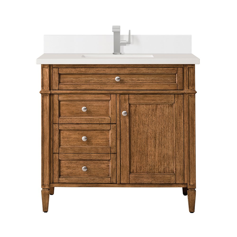 James Martin - Brittany 36" Single Vanity, Saddle Brown w/ Single Hole 3 CM White Zeus Silestone Top & Backsplash - 650-V36-SBR-1WZ view 1