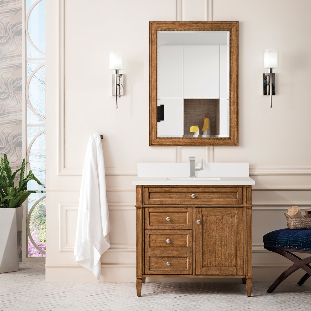 James Martin - Brittany 36" Single Vanity, Saddle Brown w/ Single Hole 3 CM White Zeus Silestone Top & Backsplash - 650-V36-SBR-1WZ view 2