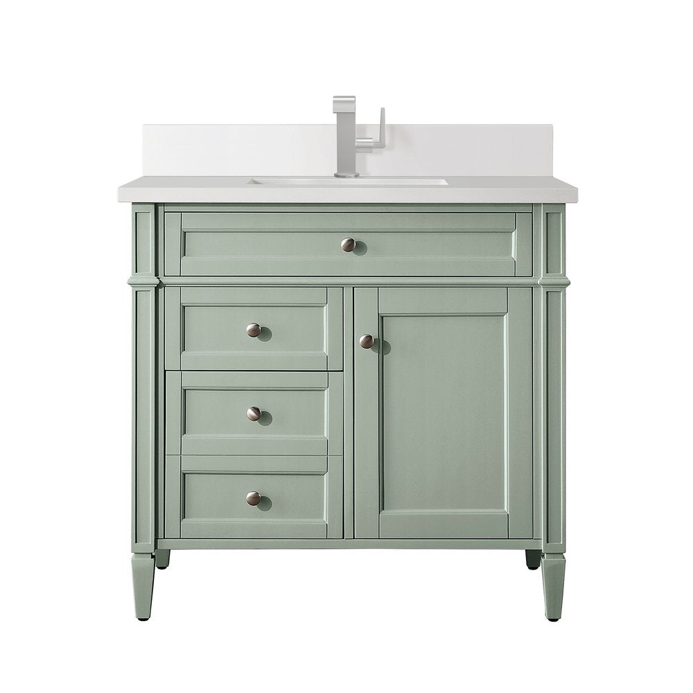 James Martin - Brittany 36" Single Vanity, Sage Green w/ Single Hole 3 CM White Zeus Silestone Top & Backsplash - 650-V36-SGR-1WZ view 1