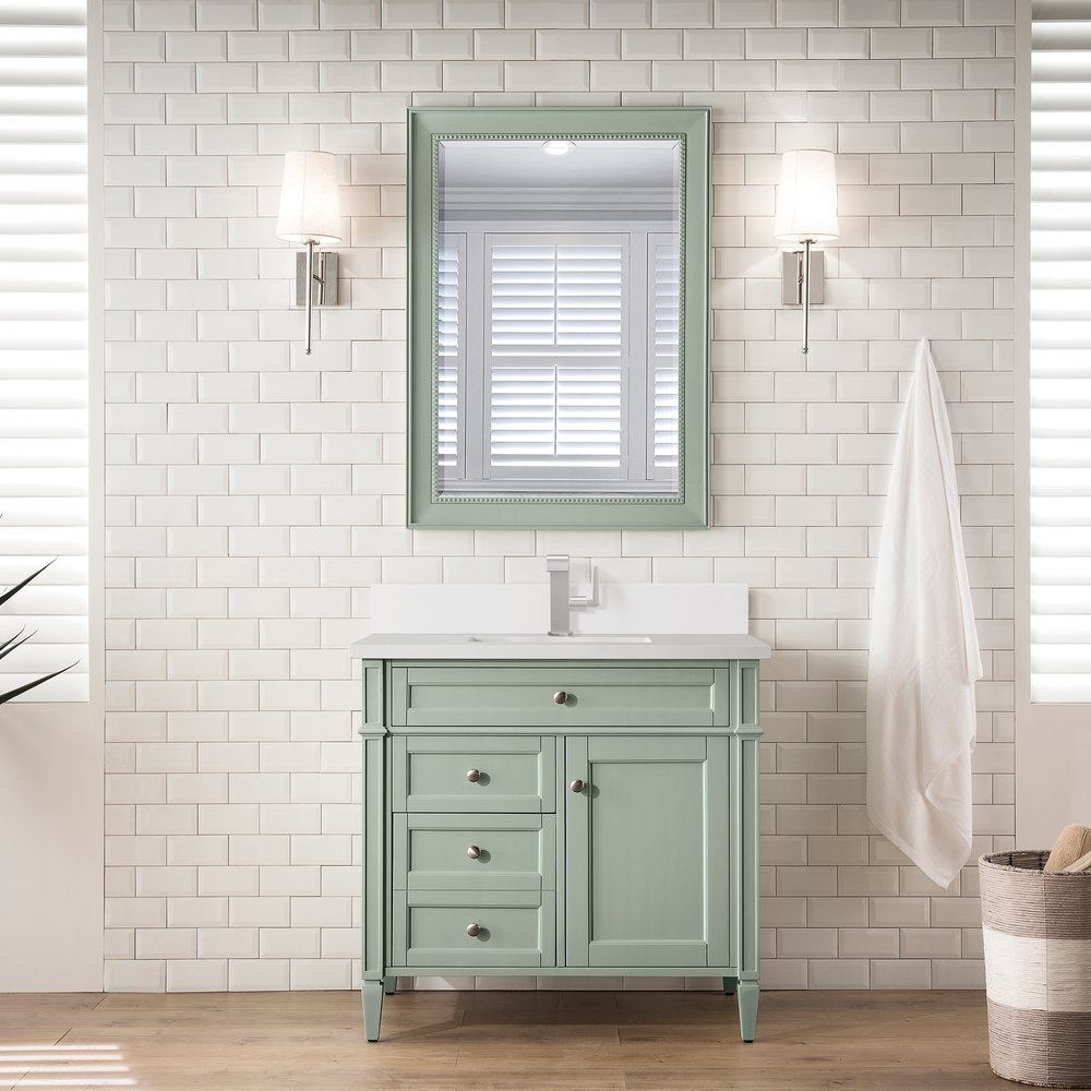 James Martin - Brittany 36" Single Vanity, Sage Green w/ Single Hole 3 CM White Zeus Silestone Top & Backsplash - 650-V36-SGR-1WZ view 2