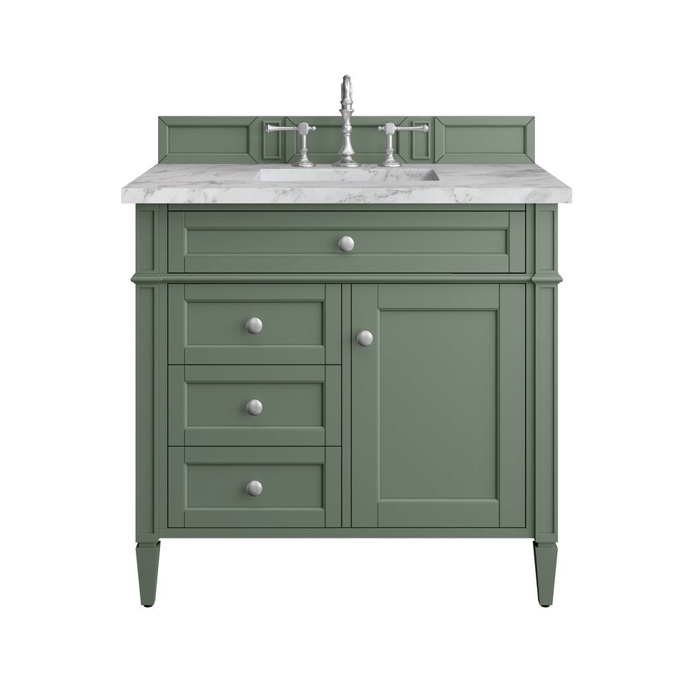 James Martin - Brittany 36" Single Vanity, Smokey Celadon w/ 3 CM Carrara Marble Top - 650-V36-SC-3CAR view 1