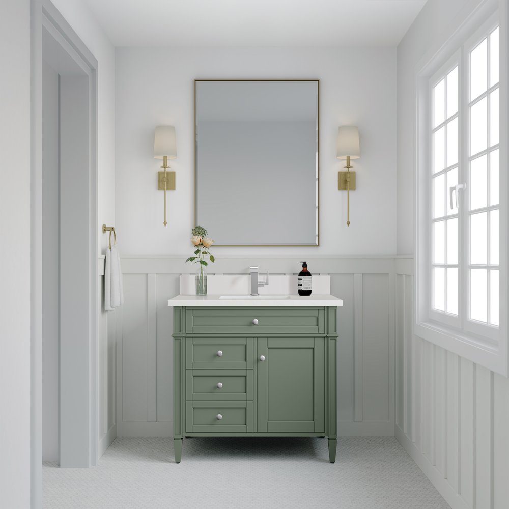 James Martin - Brittany 36" Single Vanity, Smokey Celadon w/ Single Hole 3 CM White Zeus Top & Backsplash - 650-V36-SC-1WZ view 2