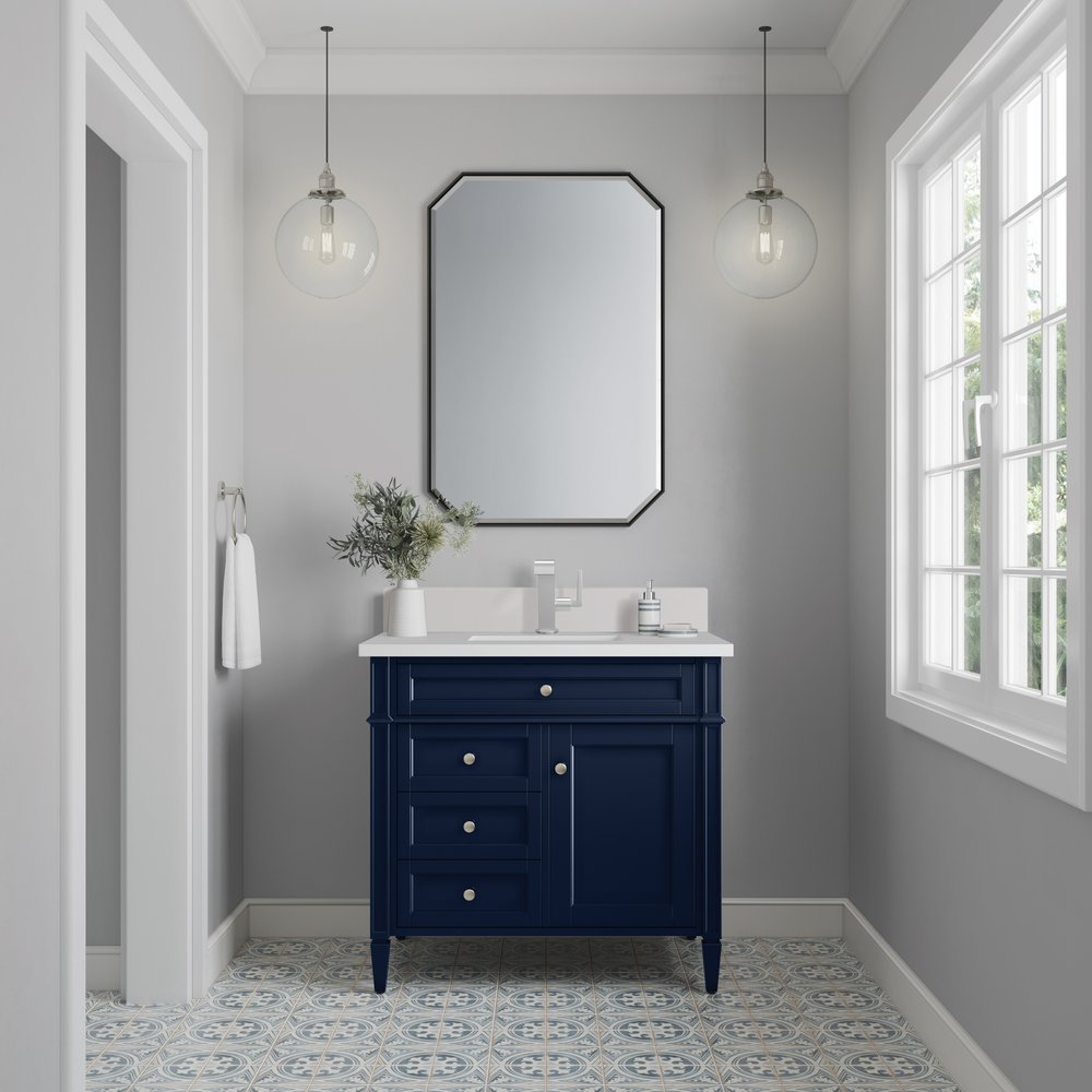 James Martin - Brittany 36" Single Vanity, Victory Bleu w/ Single Hole 3 CM White Zeus Silestone Top & Backsplash - 650-V36-VBL-1WZ view 2