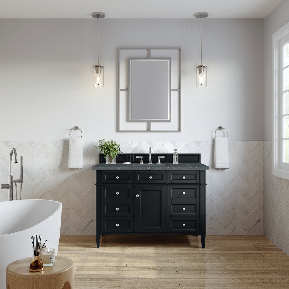 James Martin - Brittany 48" Single Vanity, Black Onyx w/ 3 CM Parisien Bleu Silestone Top w/FreePower Wireless Charger - 650-V48-BKO-FPBL view 4