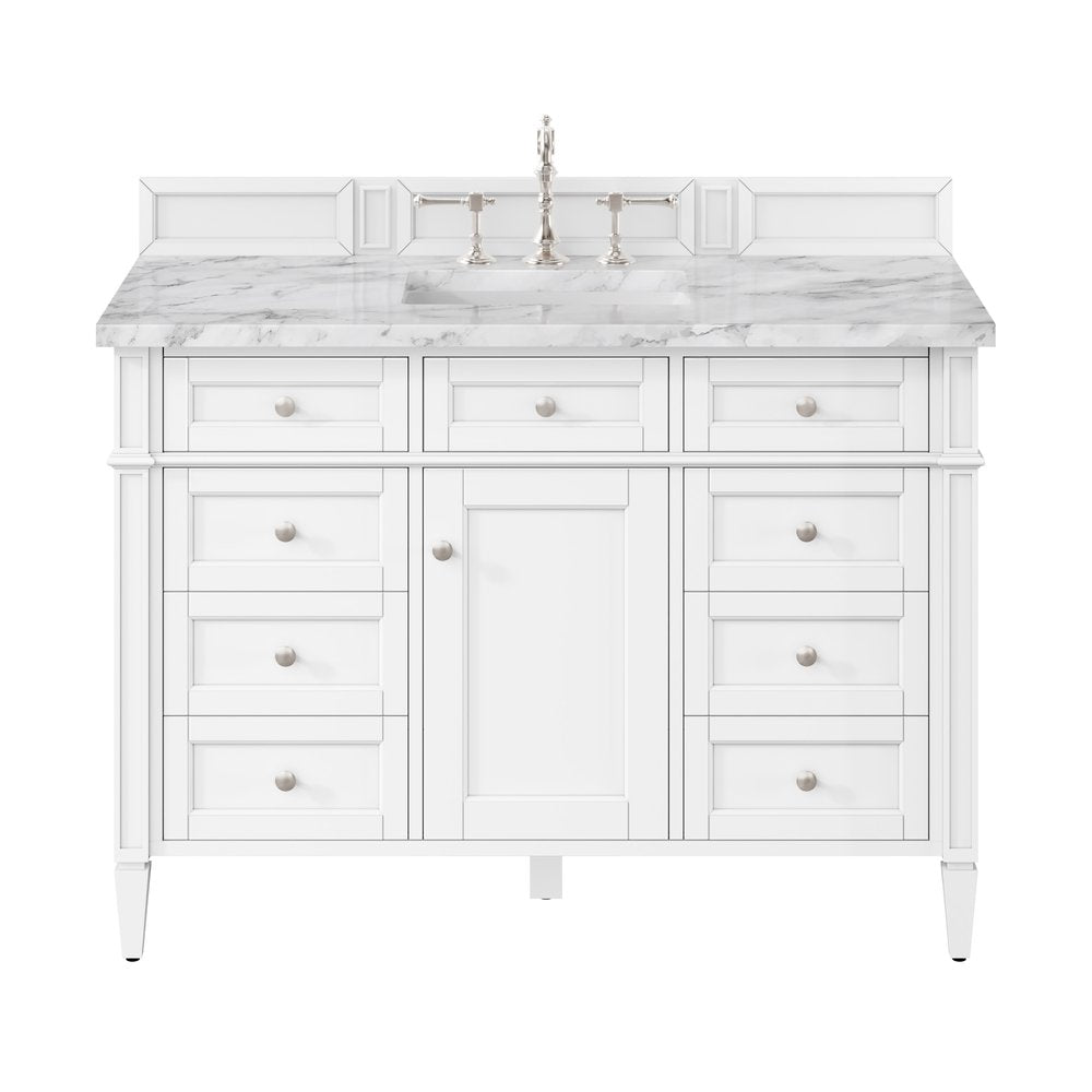 James Martin - Brittany 48" Single Vanity, Bright White w/ 3 CM Carrara Marble Top - 655-V48-BW-3CAR view 1