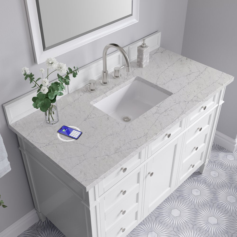 James Martin - Brittany 48" Single Vanity, Bright White w/ 3 CM Eternal Jasmine Pearl Silestone Top w/FreePower Wireless Charger - 655-V48-BW-FEJP view 8