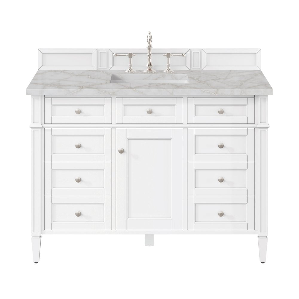 James Martin - Brittany 48" Single Vanity, Bright White w/ 3 CM Victorian Silver Silestone Top w/FreePower Wireless Charger - 655-V48-BW-FVSL view 1