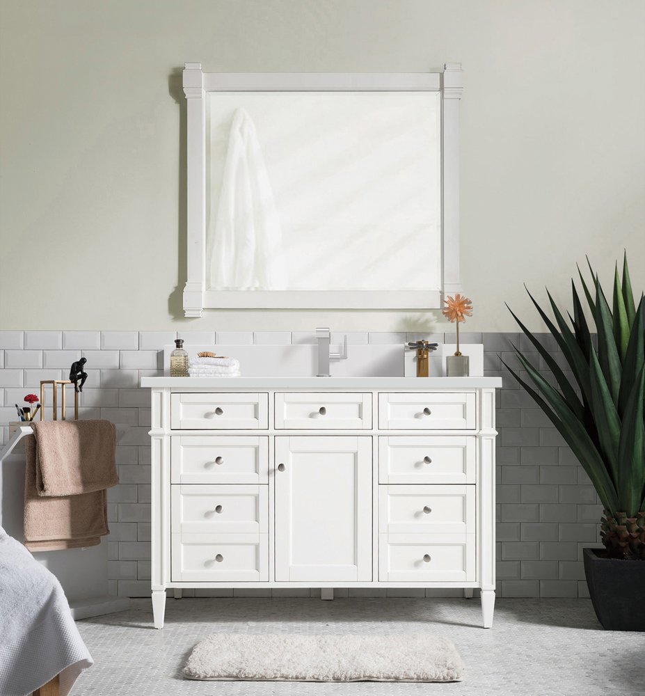 James Martin - Brittany 48" Single Vanity, Bright White w/ Single Hole 3 CM White Zeus Silestone Top & Backsplash - 655-V48-BW-1WZ view 3