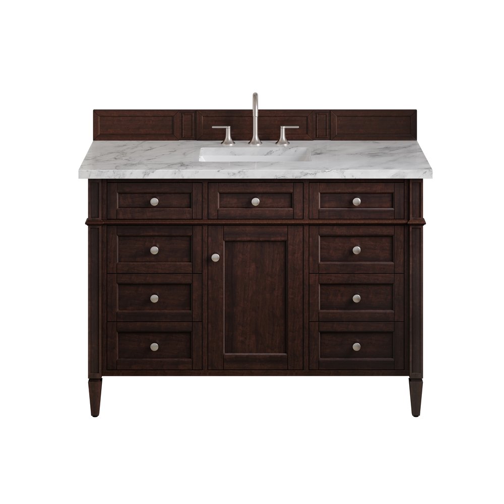 James Martin - Brittany 48" Single Vanity, Burnished Mahogany w/ 3 CM Carrara Marble Top - 650-V48-BNM-3CAR view 1