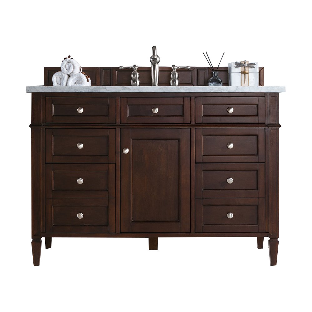 James Martin - Brittany 48" Single Vanity, Burnished Mahogany w/ 3 CM Eternal Jasmine Pearl Silestone Top w/FreePower Wireless Charger - 650-V48-BNM-FEJP view 1