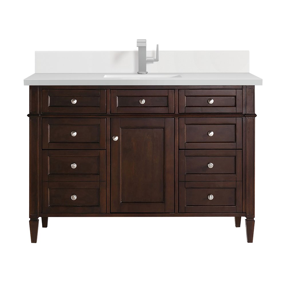 James Martin - Brittany 48" Single Vanity, Burnished Mahogany w/ Single Hole 3 CM White Zeus Silestone Top & Backsplash - 650-V48-BNM-1WZ view 1