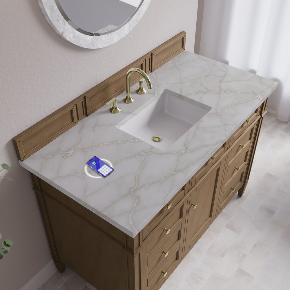 James Martin - Brittany 48" Single Vanity, Pecan w/ 3 CM Victorian Silver Silestone Top w/FreePower Wireless Charger - 655-V48-PCN-FVSL view 8