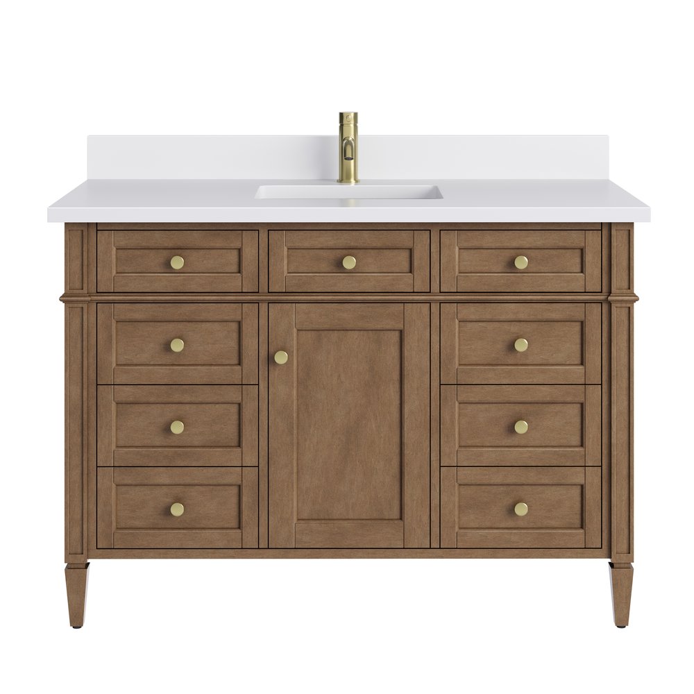 James Martin - Brittany 48" Single Vanity, Pecan w/ Single Hole 3 CM White Zeus Silestone Top and Matching Backsplash - 655-V48-PCN-1WZ view 1