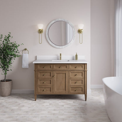 James Martin - Brittany 48" Single Vanity, Pecan w/ Single Hole 3 CM White Zeus Silestone Top and Matching Backsplash - 655-V48-PCN-1WZ view 3