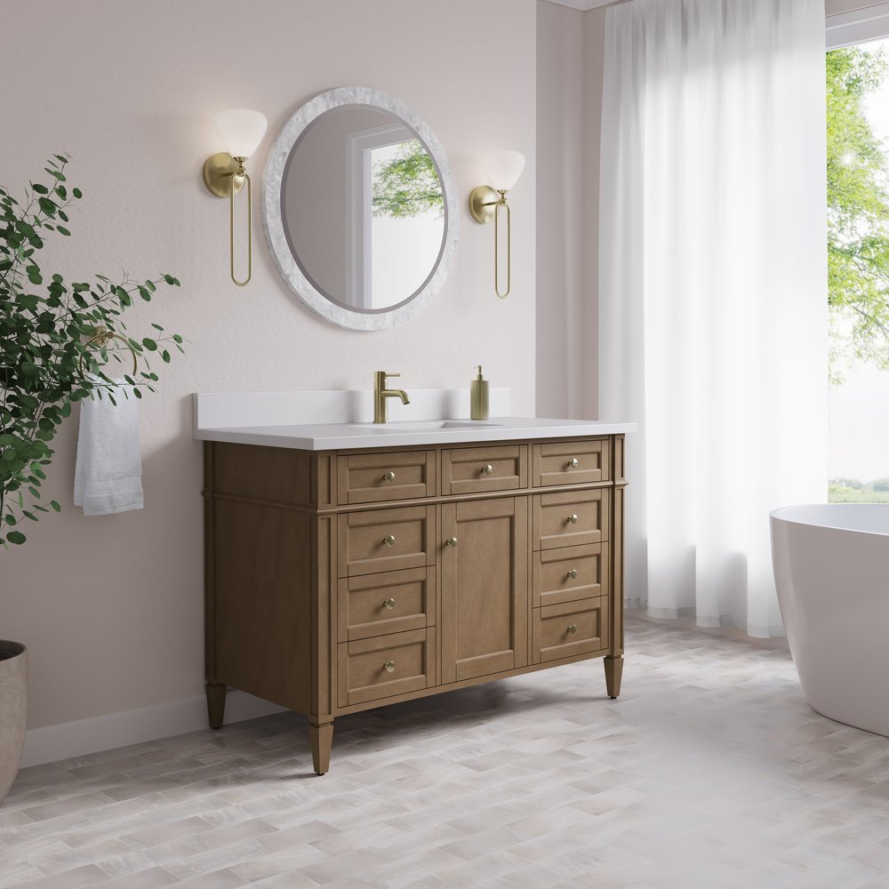 James Martin - Brittany 48" Single Vanity, Pecan w/ Single Hole 3 CM White Zeus Silestone Top and Matching Backsplash - 655-V48-PCN-1WZ view 4